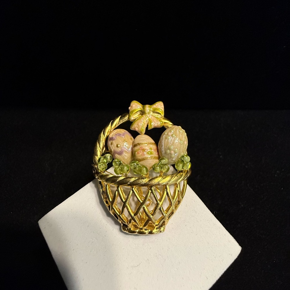 Vintage Gold-Tone Easter Basket Brooch with Pastel Eggs